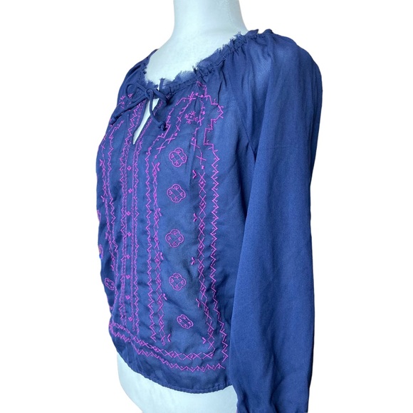 American Eagle long sleeve navy sheer blouse top with purple embroidery-Sz S - Picture 2 of 13